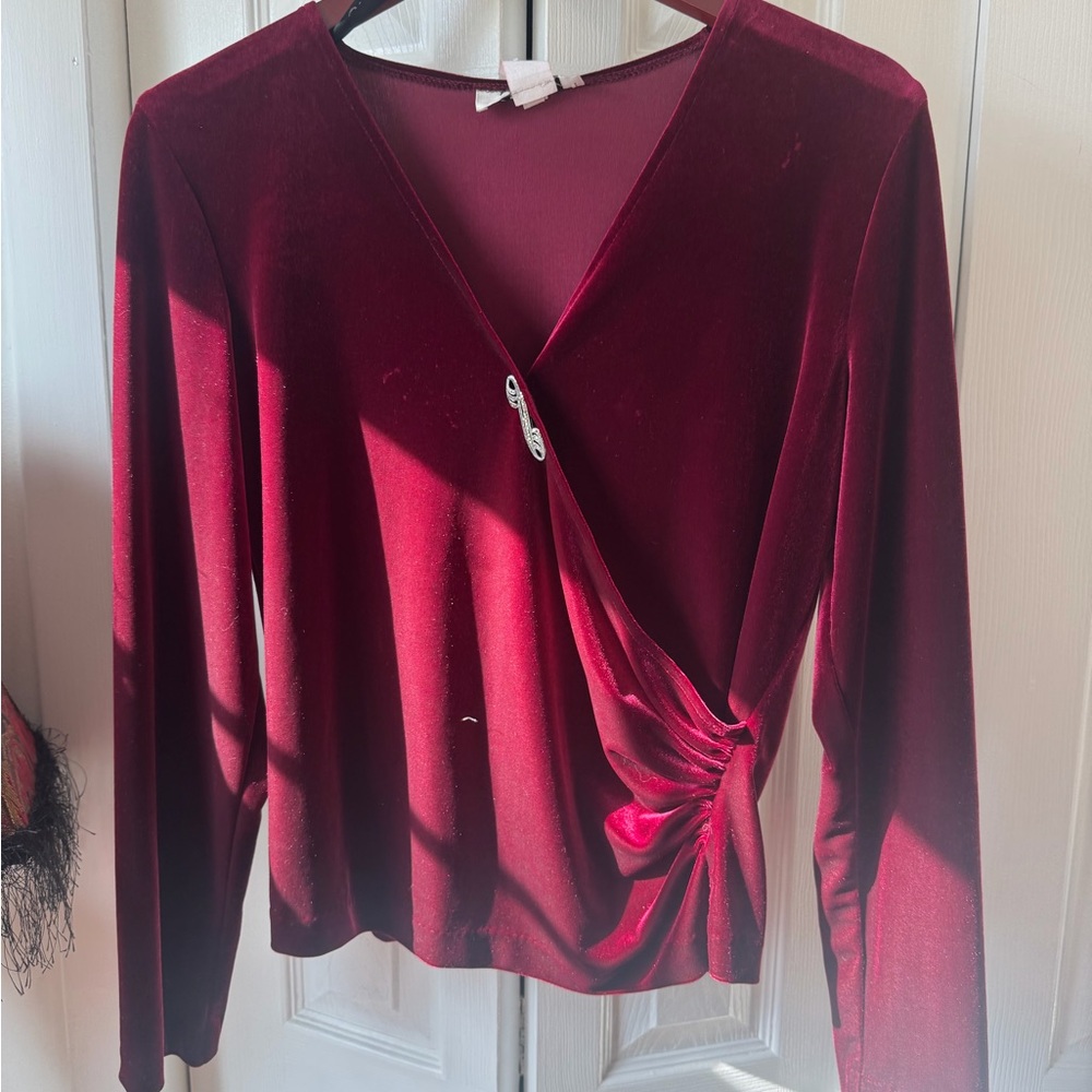Patra Burgundy Velvet Wrap-Style Long Sleeve Top